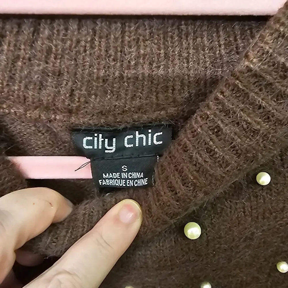 Warm Brown Sweater with Pearls Size S | City Chic - Picture 5 of 9